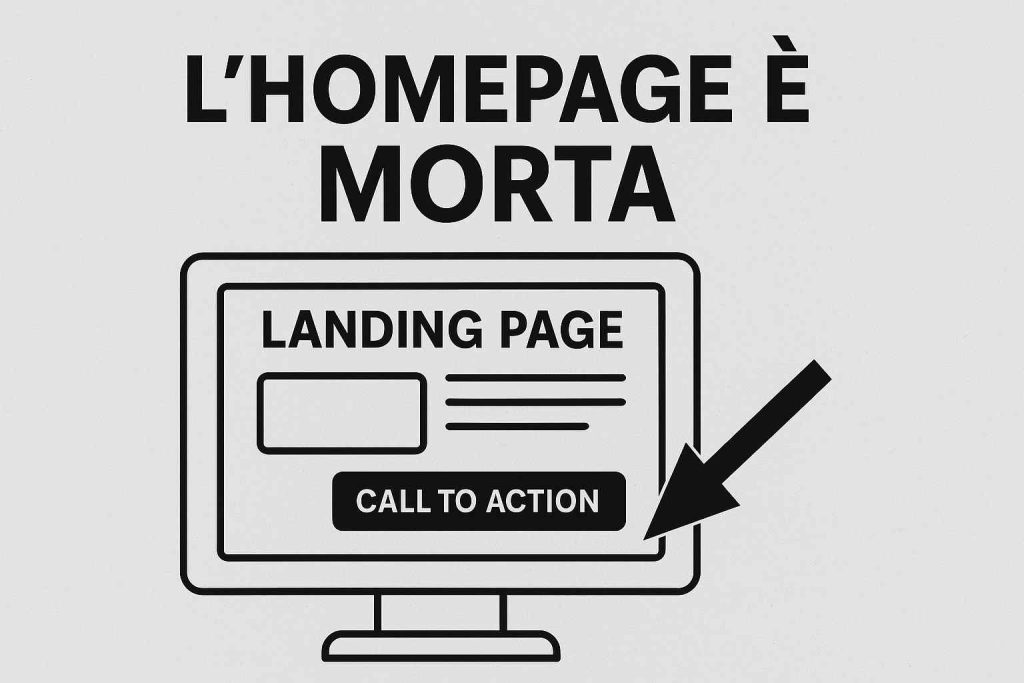 Schema in bianco e nero con computer e scritta “L’homepage è morta”, che mostra il concetto di landing page con call to action