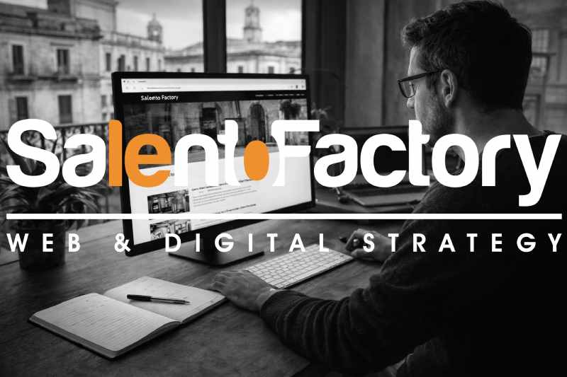 Professionista digitale al lavoro davanti al computer con vista su Lecce mentre progetta contenuti locali che portano clienti oltre i social