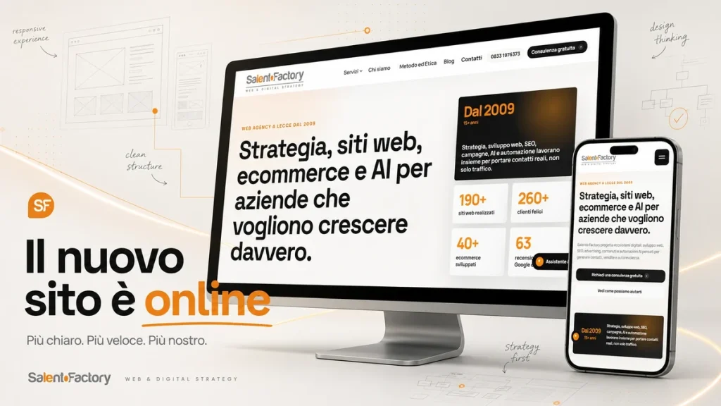 Nuovo sito di Salento Factory mostrato in versione desktop e mobile, con interfaccia progettata per UX, velocità, SEO e strategie digitali.